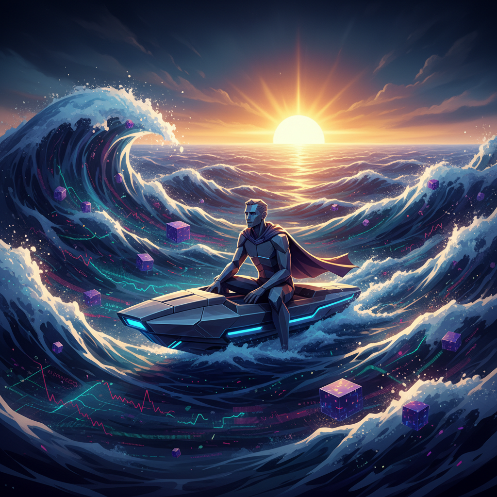 A resilient, stylized human figure on a sleek, small vessel, calmly navigating through a vast, turbu