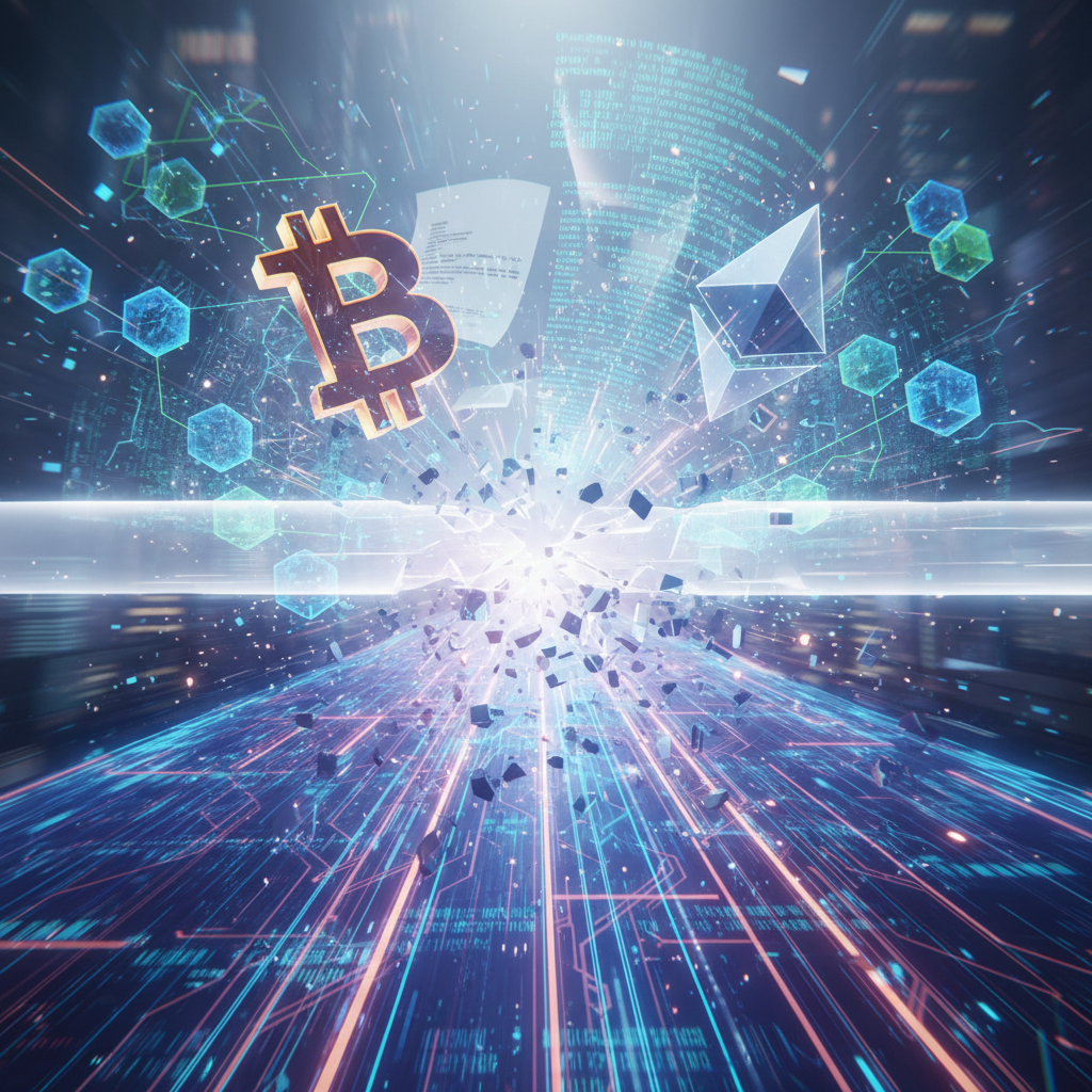 A dynamic, symbolic image depicting digital assets, represented by stylized cryptocurrency symbols (