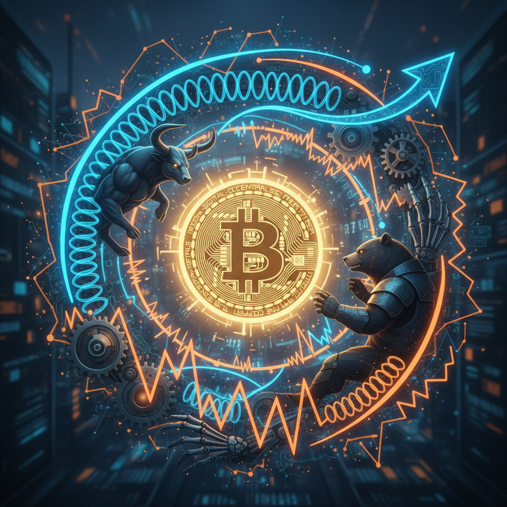 A dynamic and complex visual representing the tension and uncertainty in the Bitcoin market. A promi
