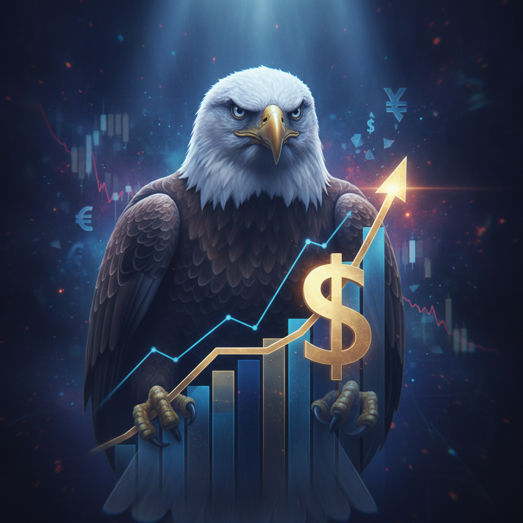 A majestic, stern-looking bald eagle, representing the Federal Reserve, with sharp talons firmly gri