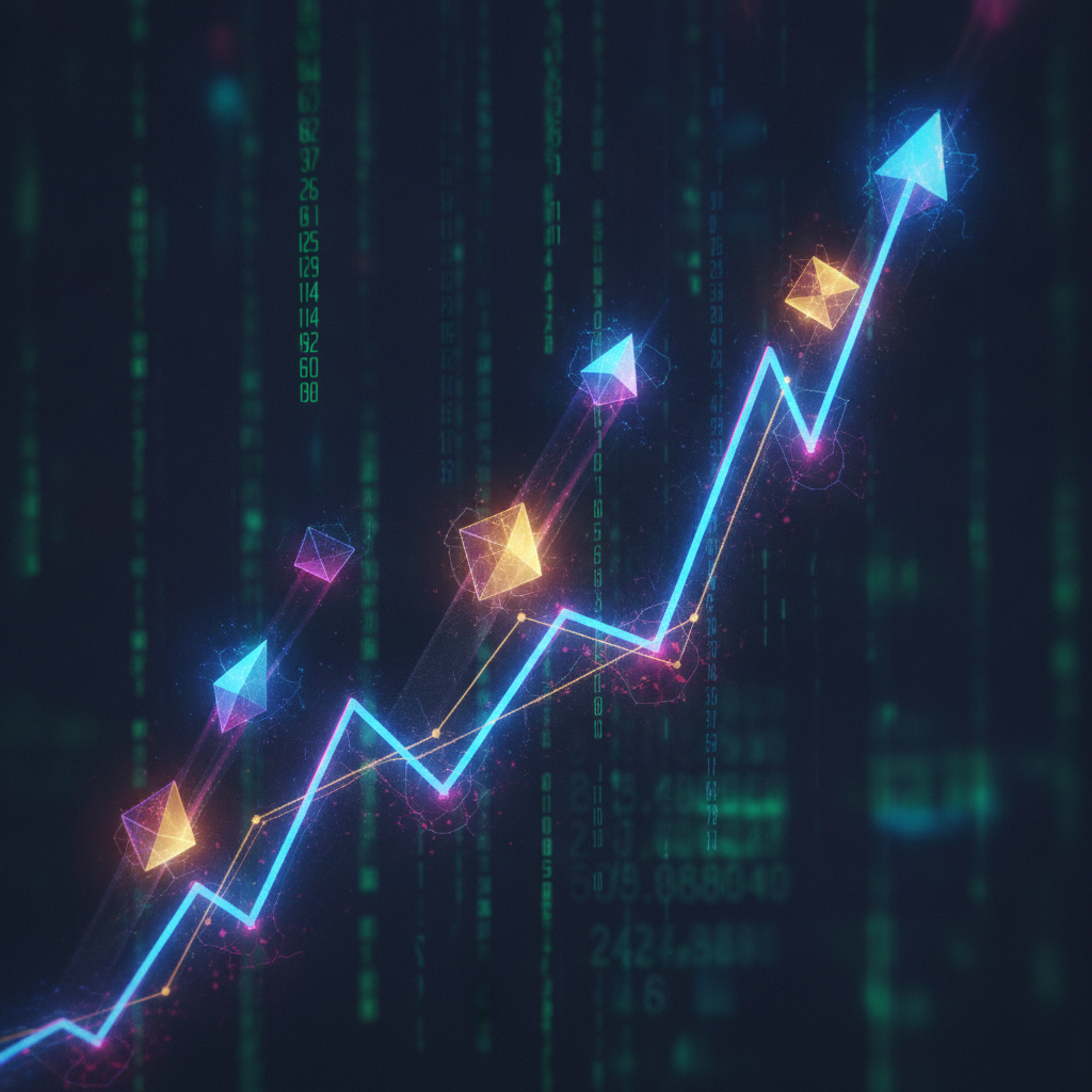 A dynamic, abstract representation of several altcoin futures experiencing rapid, volatile price sur