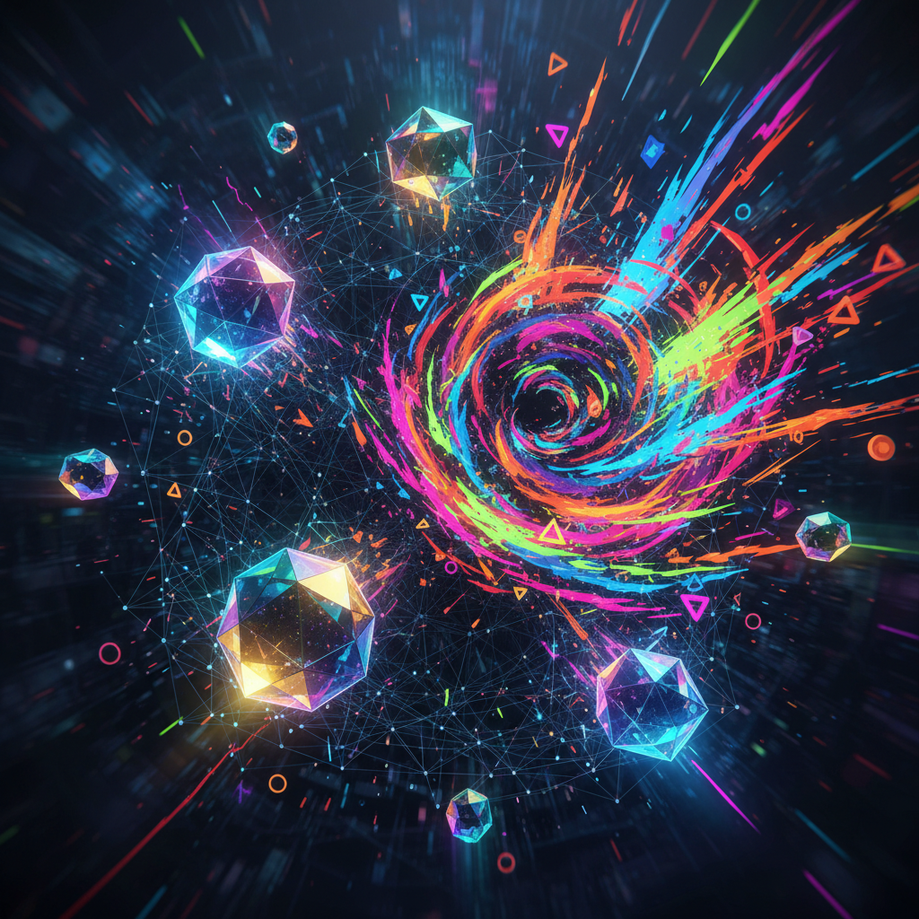 A vibrant and dynamic composition showcasing a diverse collection of abstract altcoin symbols and sh