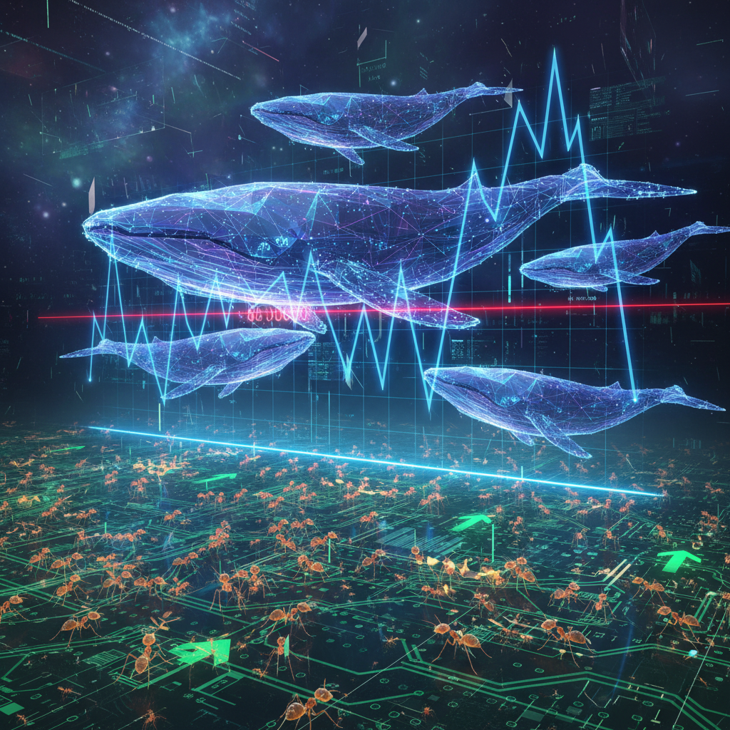 A highly stylized, abstract digital artwork depicting the 'whales and ants' psychological game in th