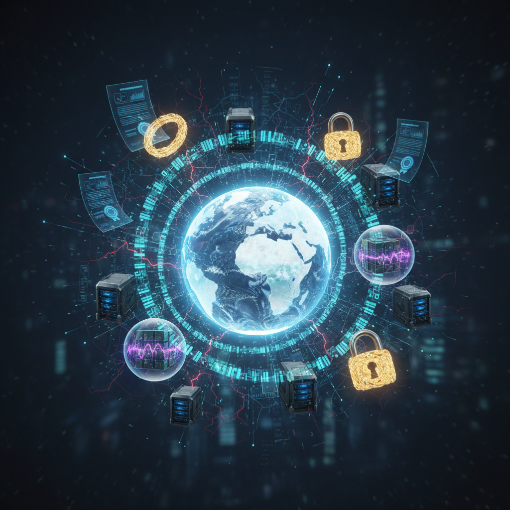 A complex and futuristic conceptual image depicting the global landscape of blockchain's future. In 