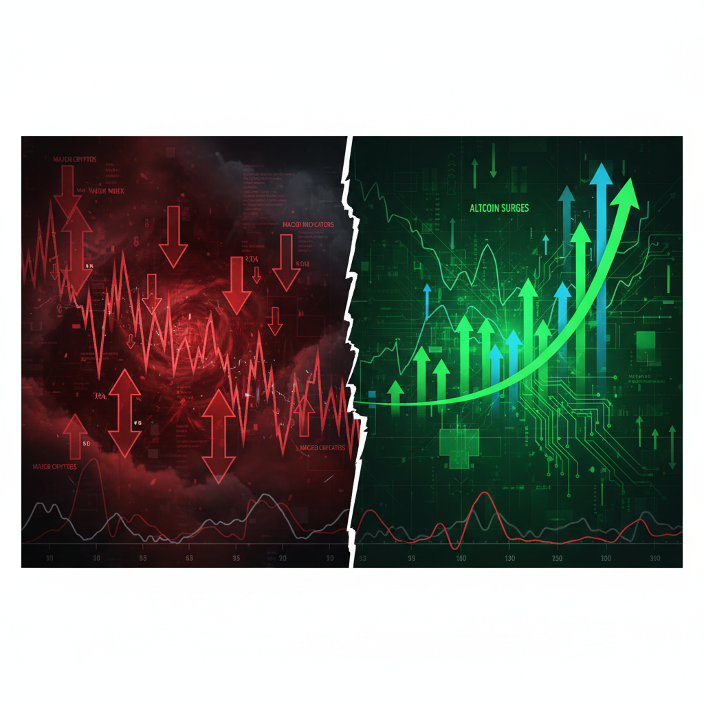A split-screen or dual-panel image. On the left side, a dark, turbulent financial landscape with red