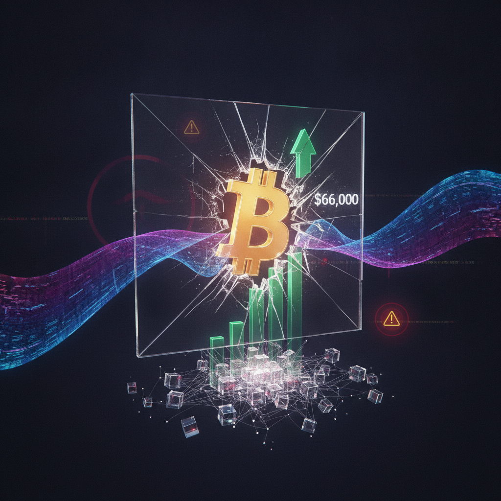 A dynamic visual representing Bitcoin's surge and underlying risks. A prominent, stylized Bitcoin sy