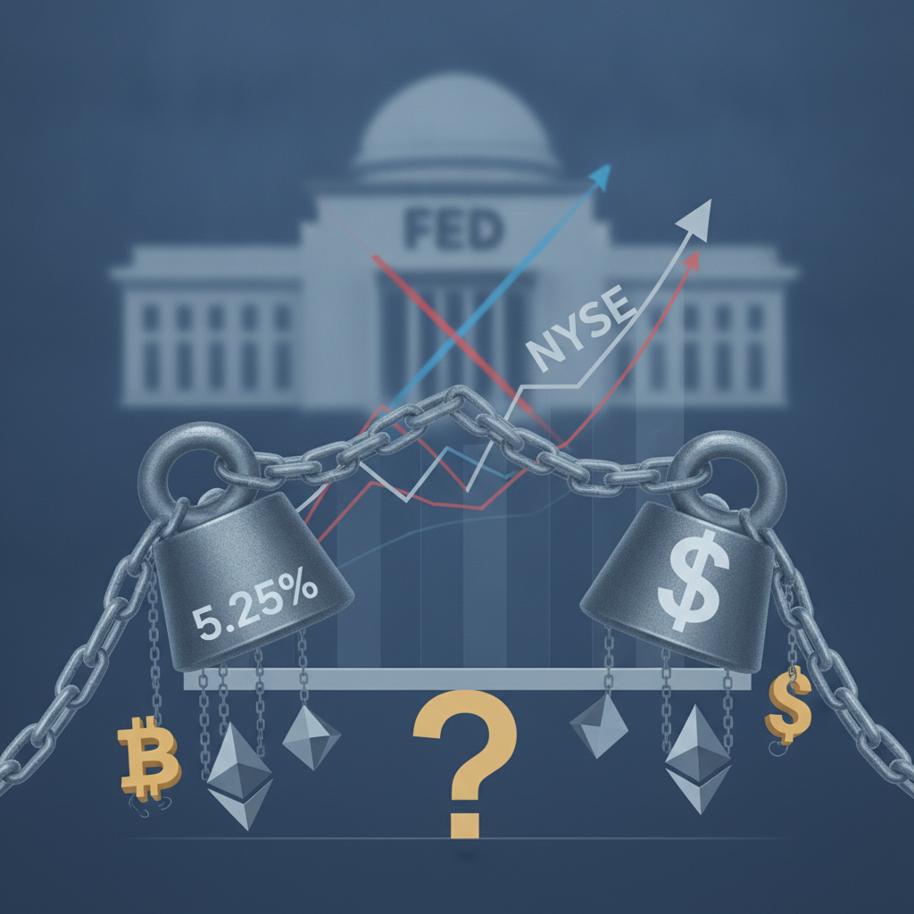 A sophisticated and analytical illustration representing the 'risky asset dilemma' caused by the Fed