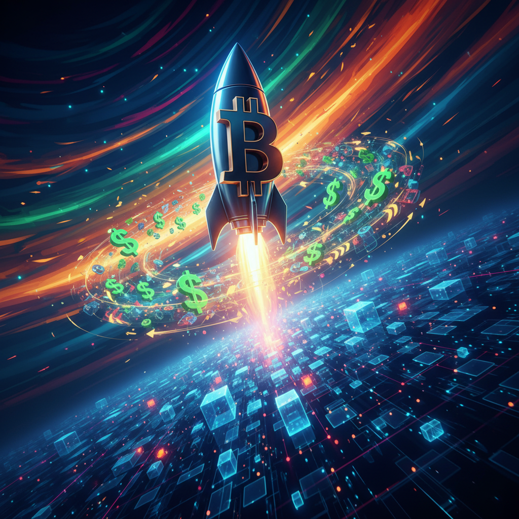 A powerful and stylized Bitcoin rocket launching into a vibrant, upward-trending sky, leaving a dyna