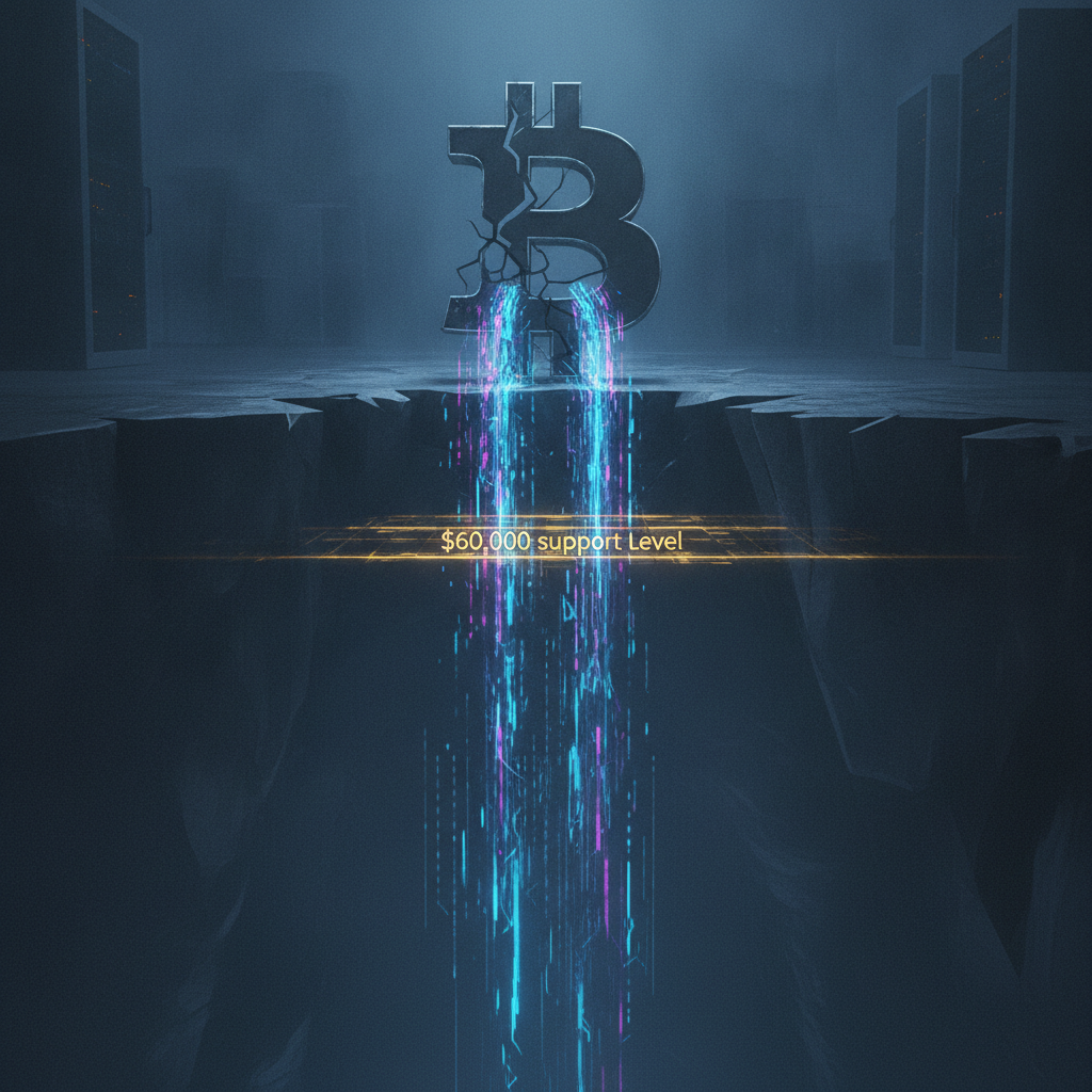 A stark, digital art image illustrating Bitcoin's struggle and institutional outflows. A large, frag