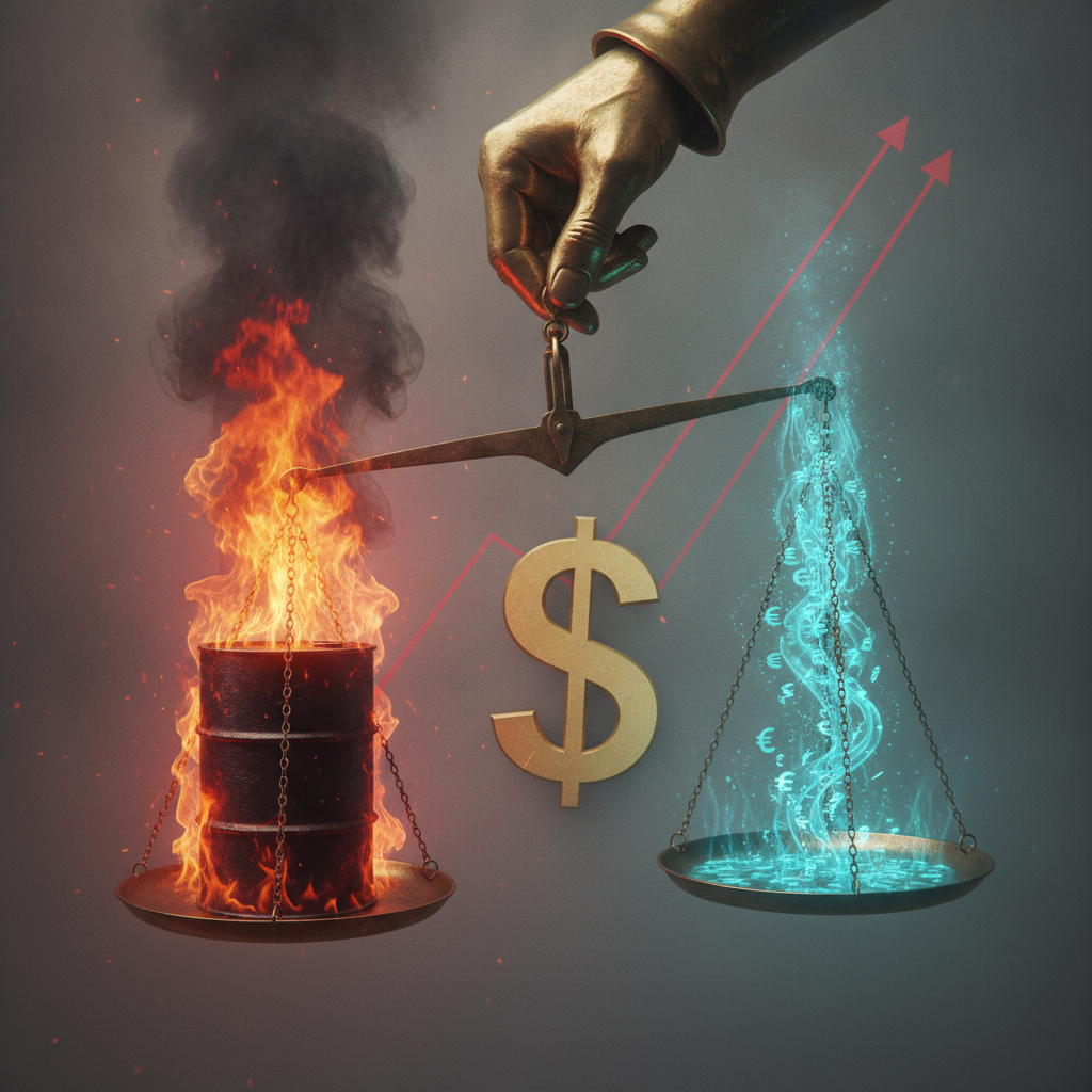 A symbolic image illustrating macroeconomic pressures. In the center, a strong, authoritative hand (