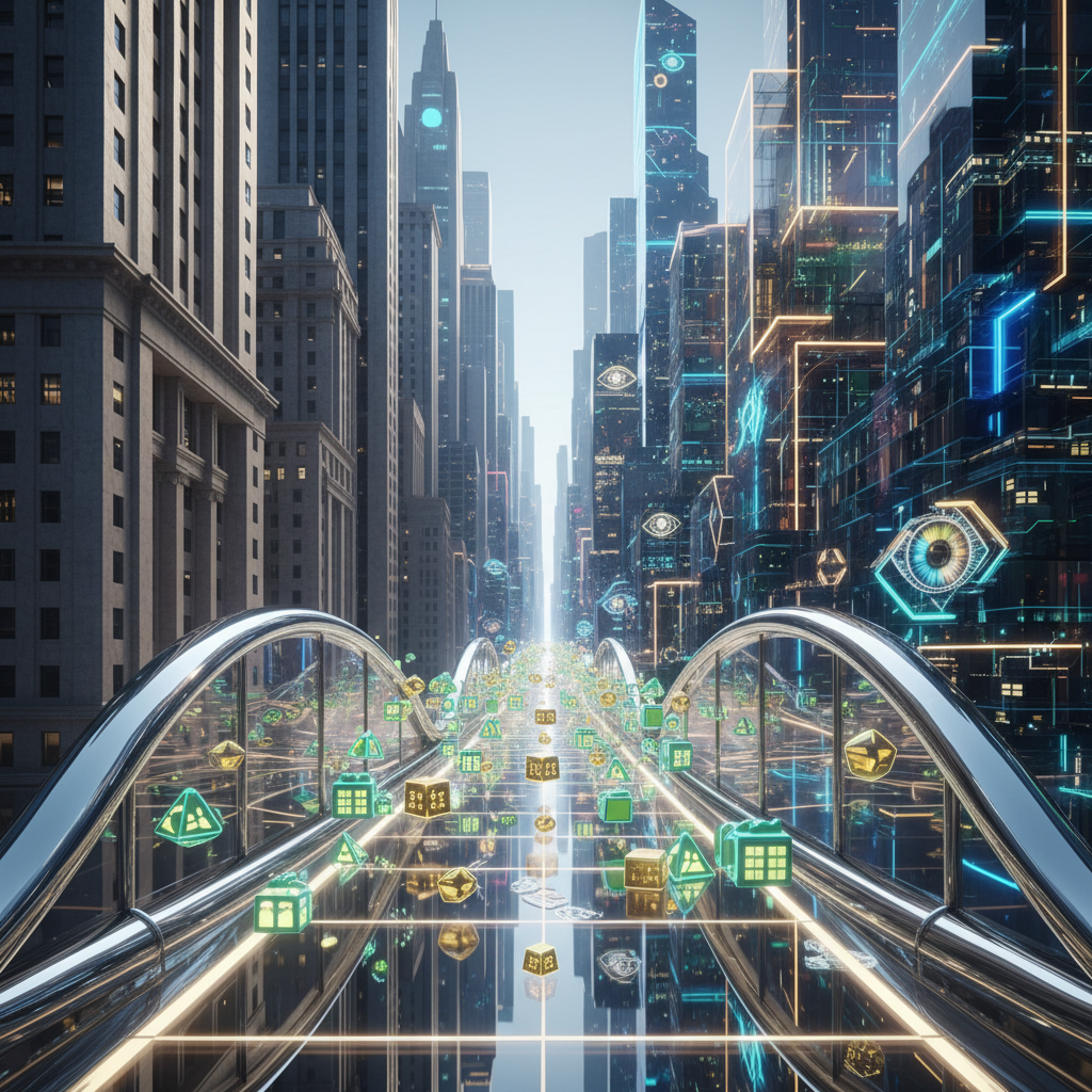 A visually striking, futuristic bridge gracefully arching and connecting a cluster of traditional, s