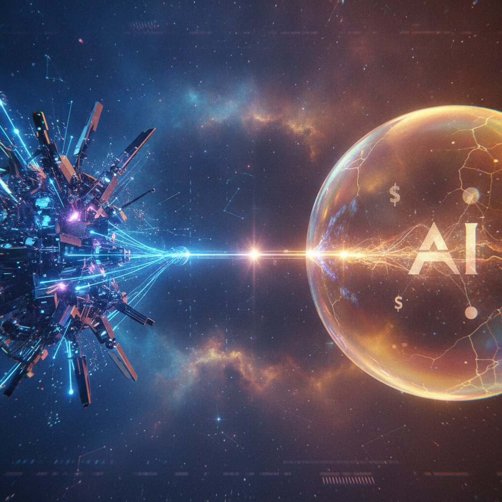 A striking conceptual image representing the 'tug-of-war' between 'AI Innovation' and a potential 'B