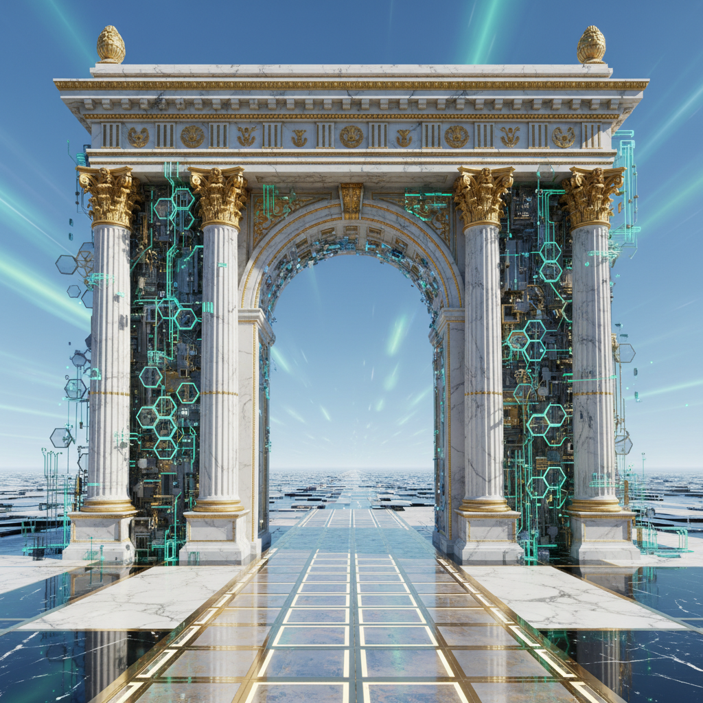 A grand, futuristic gateway or archway, intricately designed with elements of both traditional finan