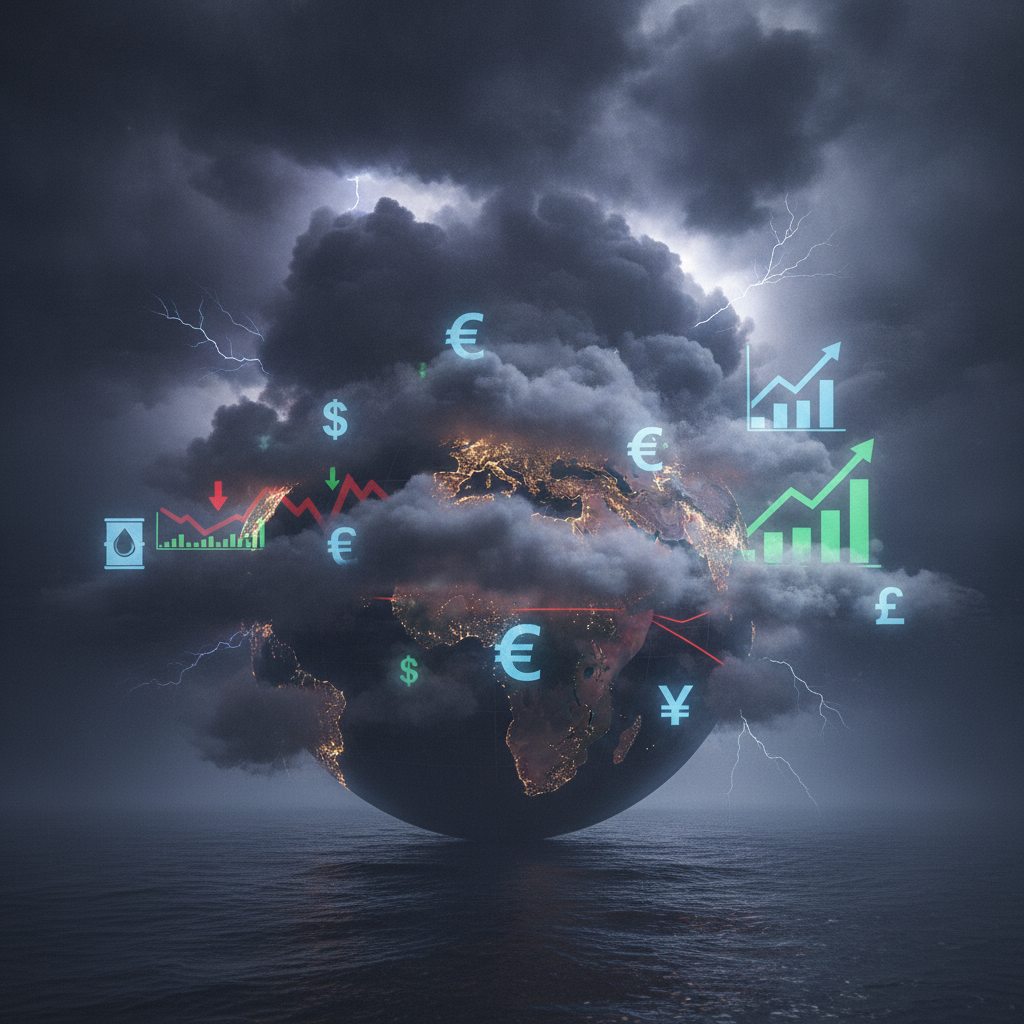 A powerful visual representing global economic pressure. A stylized globe is partially shrouded in d
