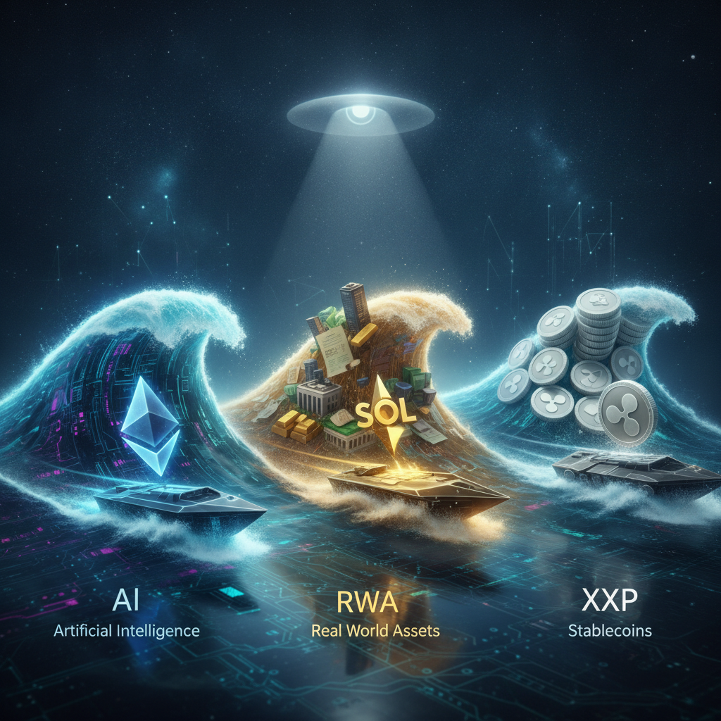 A futuristic digital landscape illustrating various altcoins navigating powerful, distinct waves. Th