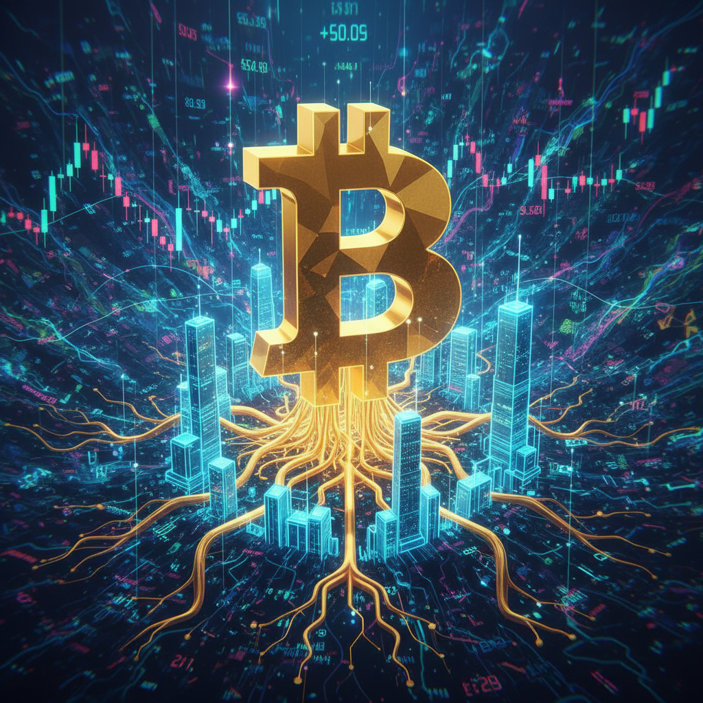 A powerful, stylized Bitcoin symbol emerges robustly from a backdrop of swirling, turbulent abstract