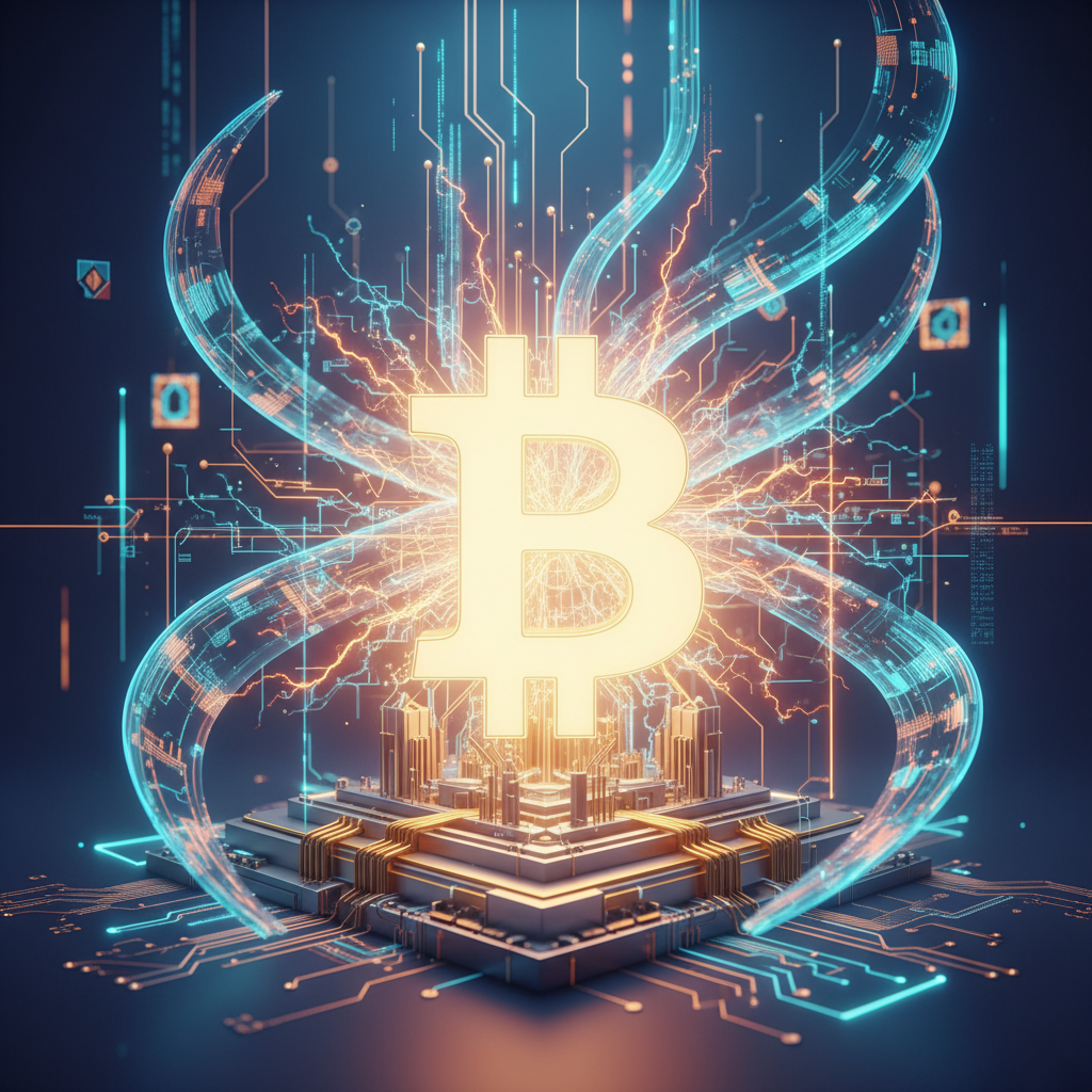 A central, glowing Bitcoin symbol (₿) positioned as a strong, resilient entity, radiating light. It 
