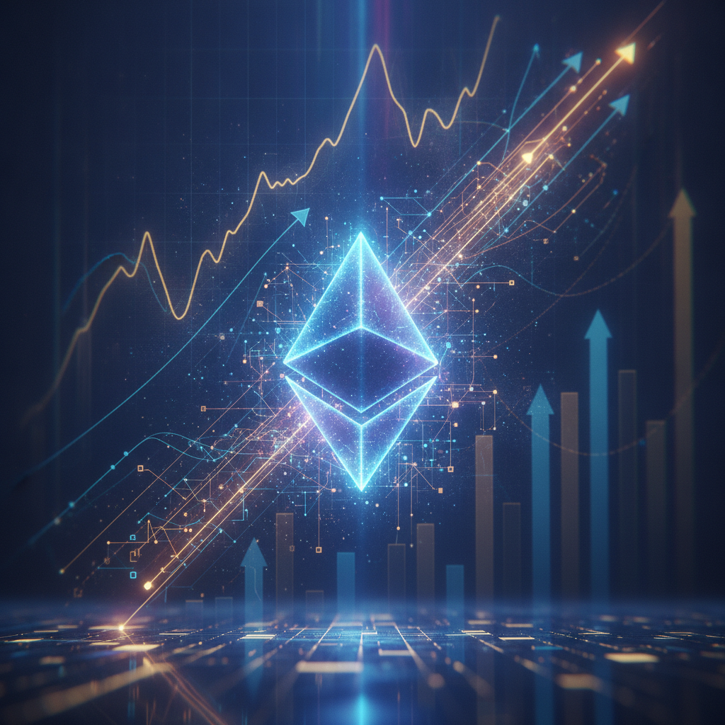 A visually striking and optimistic depiction of Ethereum's robust growth and innovation. A stylized,