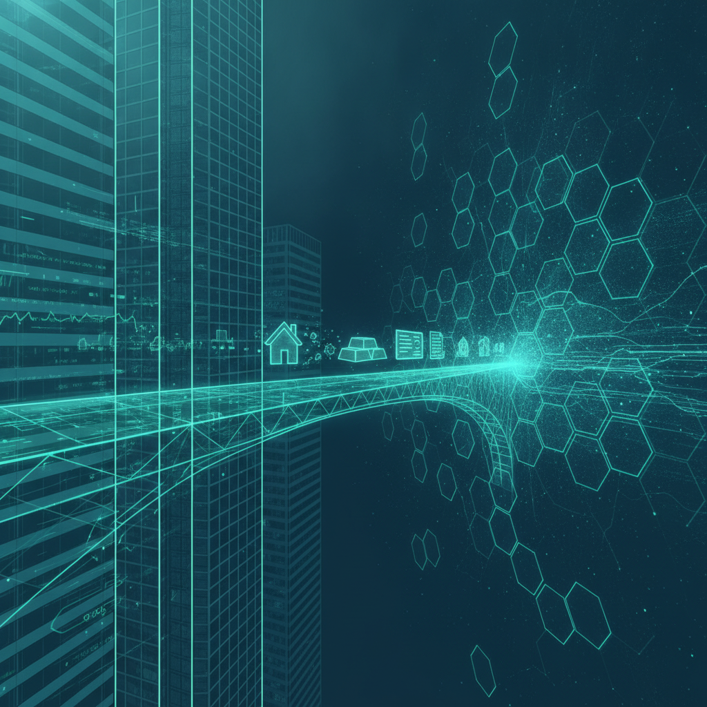 A conceptual and high-tech image depicting a secure, transparent digital bridge connecting a traditi