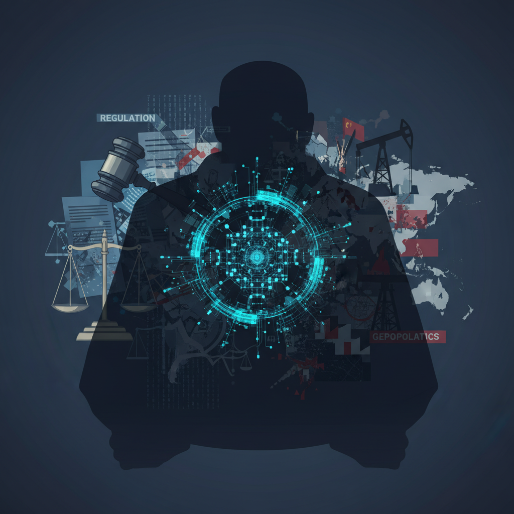 A profound conceptual image illustrating external pressures on the blockchain market. In the center,