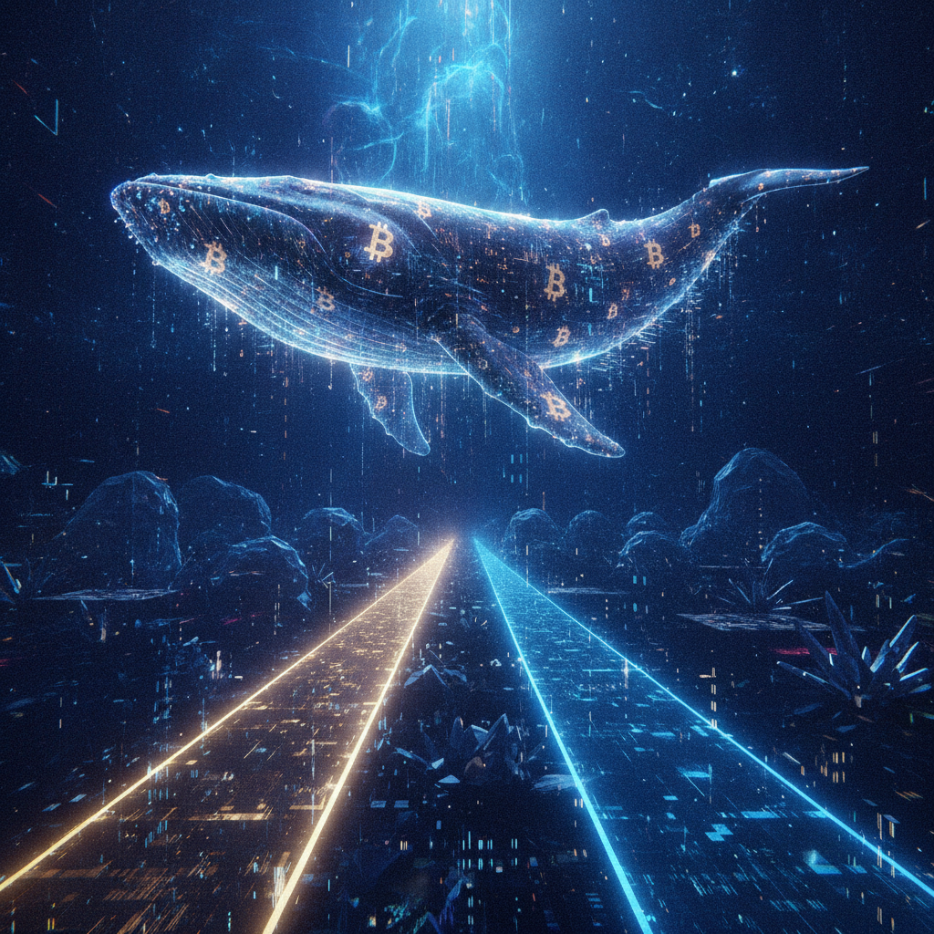 A majestic, ethereal whale, composed of glowing data streams and abstract digital patterns, subtly i