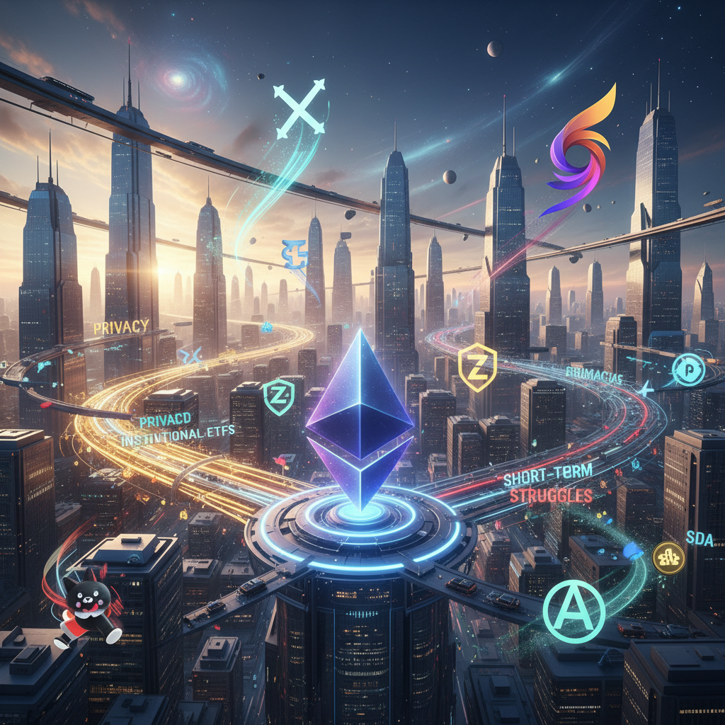 A dynamic, futuristic cityscape at dawn, representing the evolving blockchain ecosystem. In the fore