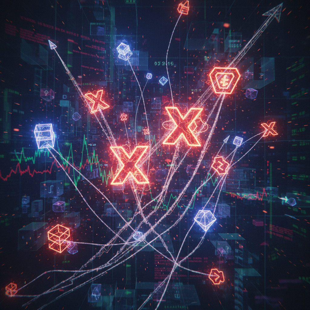 A dynamic and intense visualization of multiple abstract, glowing cryptocurrency symbols (representi