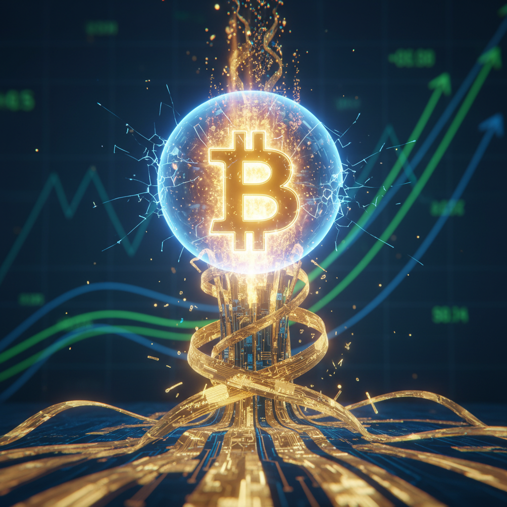 A majestic, glowing Bitcoin symbol powerfully ascending, breaking through an invisible barrier that 