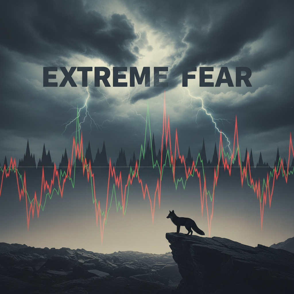 A metaphorical financial landscape under a turbulent sky. Dark, ominous clouds representing 'Extreme