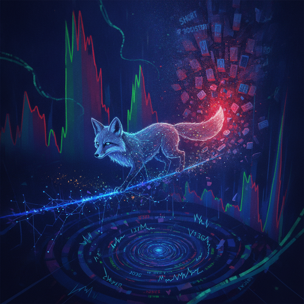 A high-stakes, dynamic scene depicting a digital fox (or a skilled hand) carefully balancing on a tr
