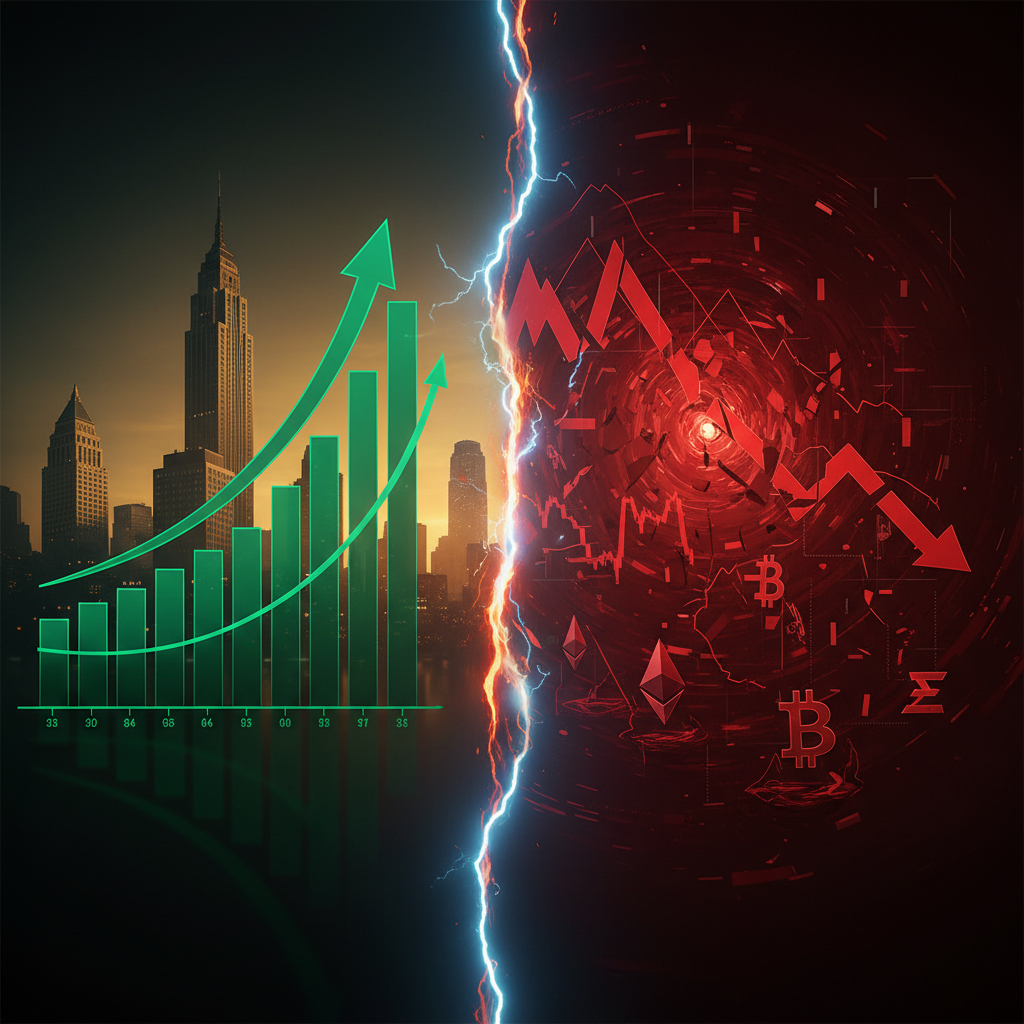 A powerful, symbolic image depicting the 'discrepancy' between the US stock market and the cryptocur
