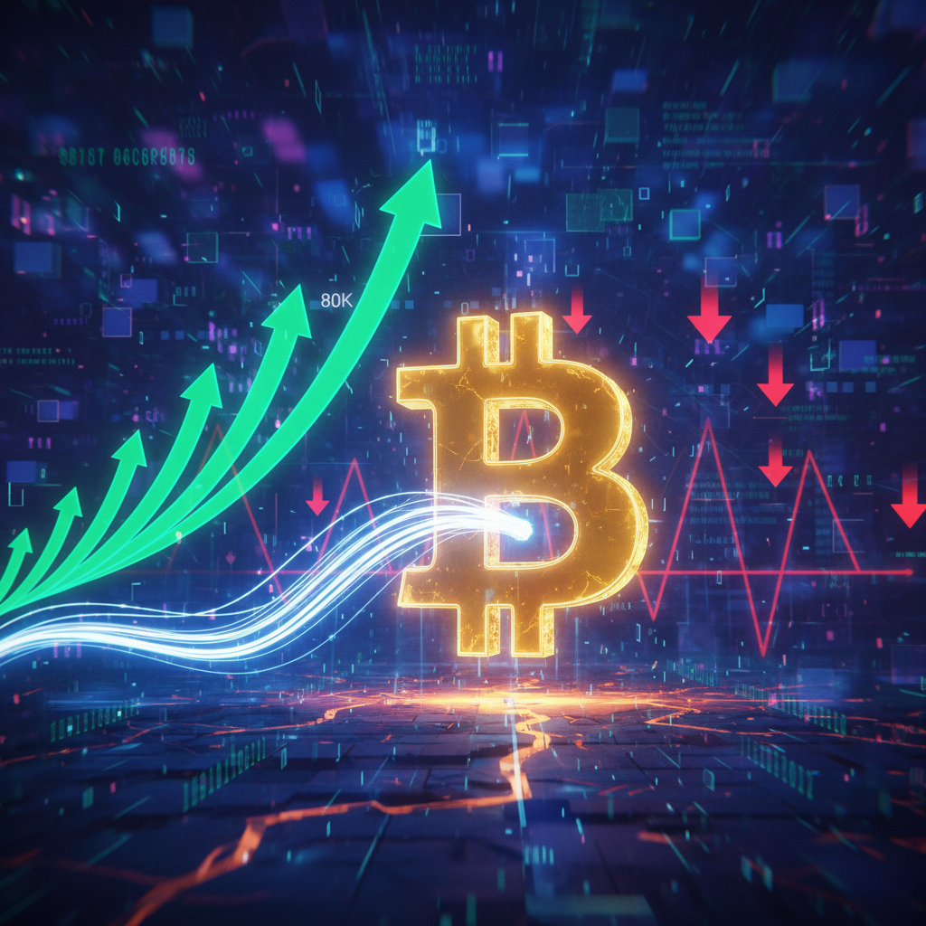 A visually striking image depicting Bitcoin's volatile yet resilient market. A large, prominent, glo