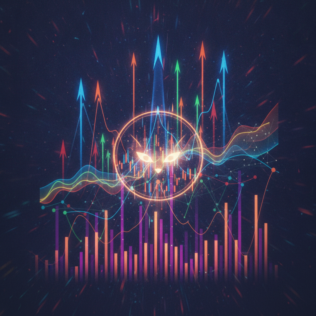 An abstract and dynamic visual representation of rapidly surging altcoin prices within a complex fin