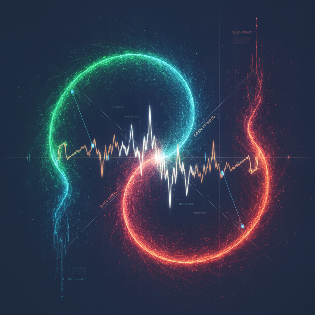 An abstract, dynamic digital art piece visualizing the forces at play in a volatile cryptocurrency f