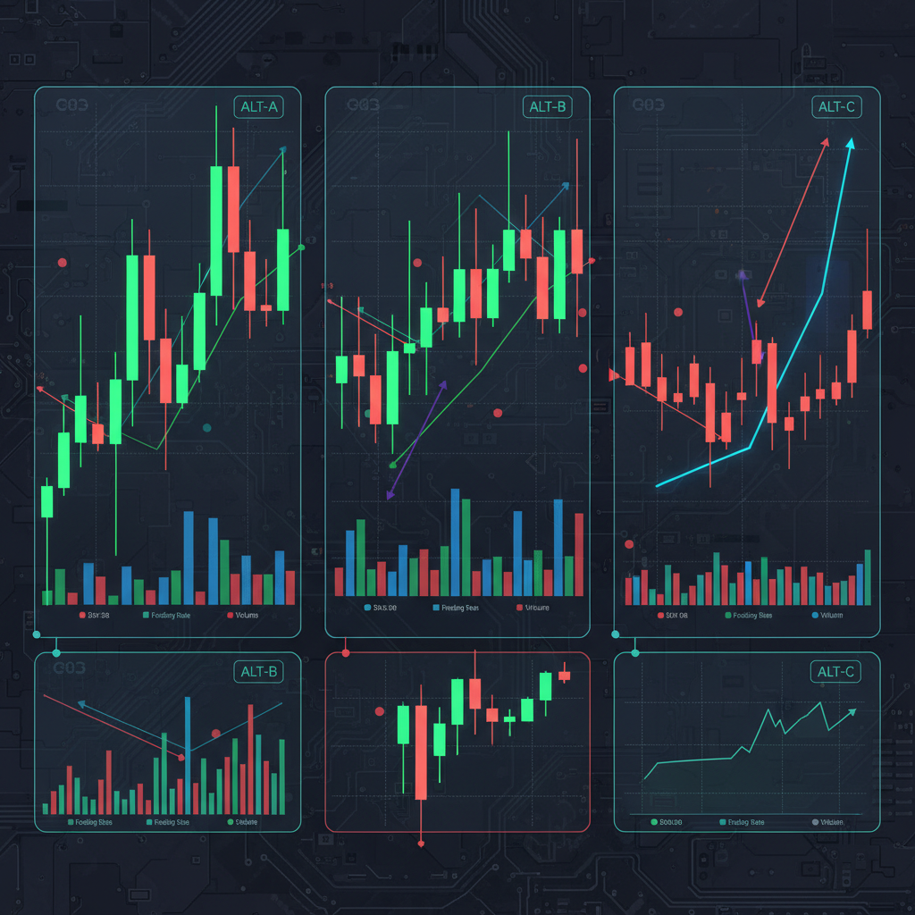A complex, dynamic digital art piece visualizing several cryptocurrency candlestick charts, each rep