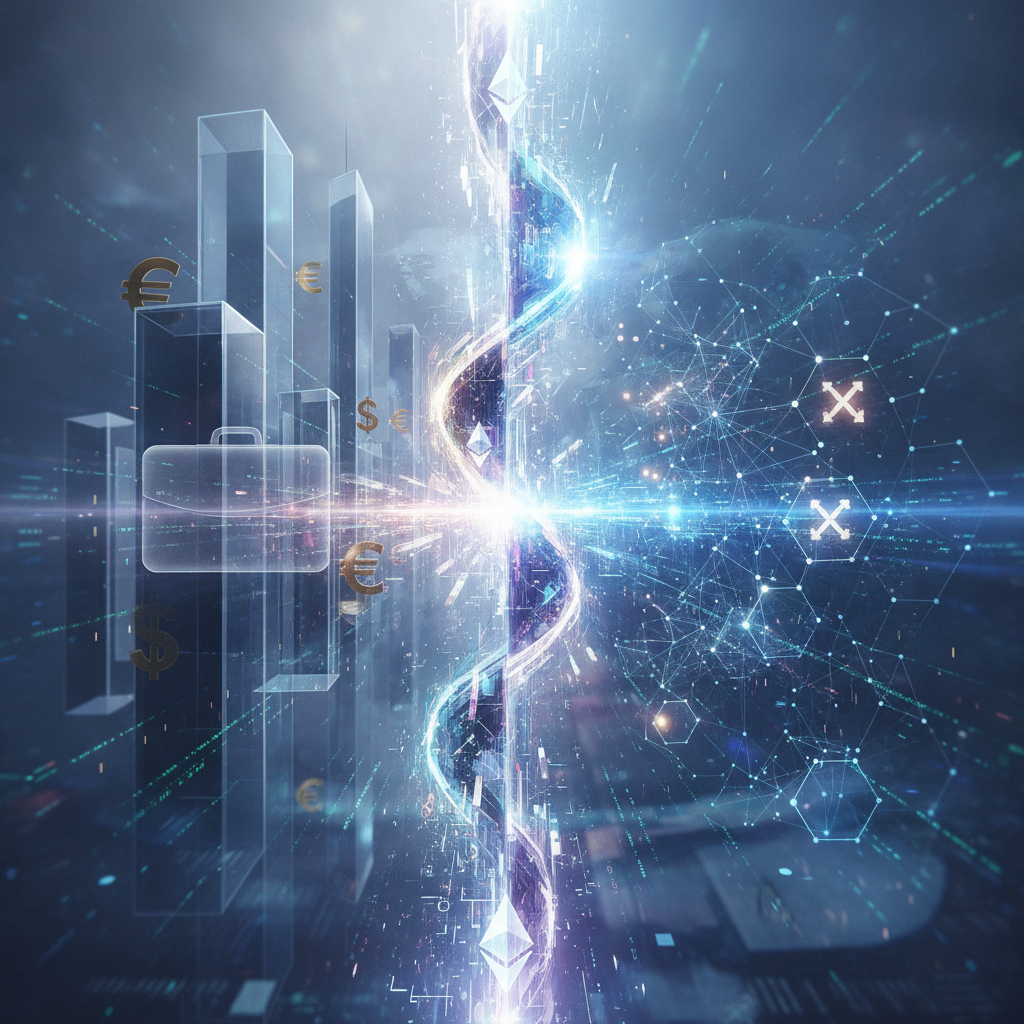 A sophisticated and futuristic visual depicting the seamless integration of traditional finance with