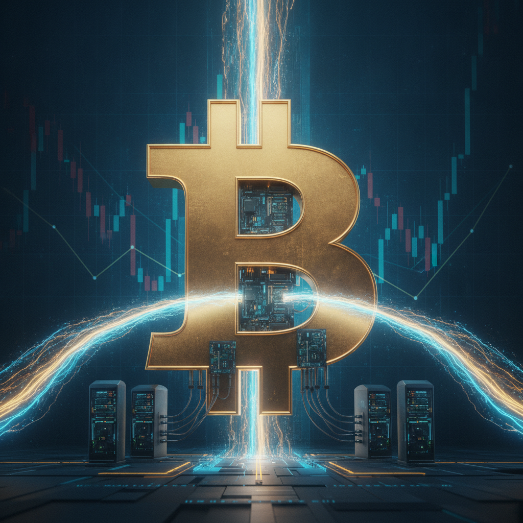 A visually compelling digital art piece depicting a large, prominent Bitcoin symbol (BTC) with a bac