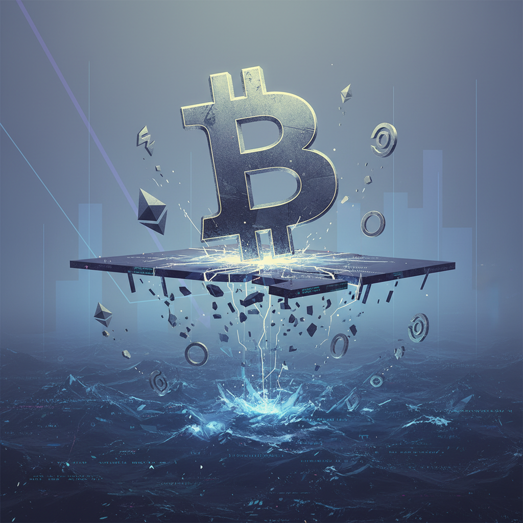 A stylized, digital representation of a Bitcoin symbol (BTC) struggling to stand on a narrow, precar