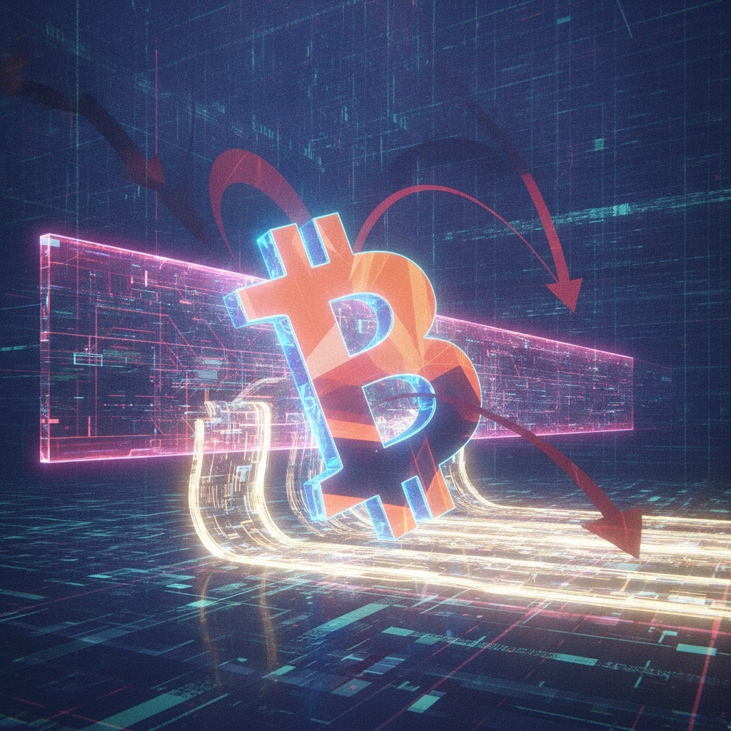 A dynamic and abstract illustration depicting Bitcoin's struggle at a key resistance level. A promin