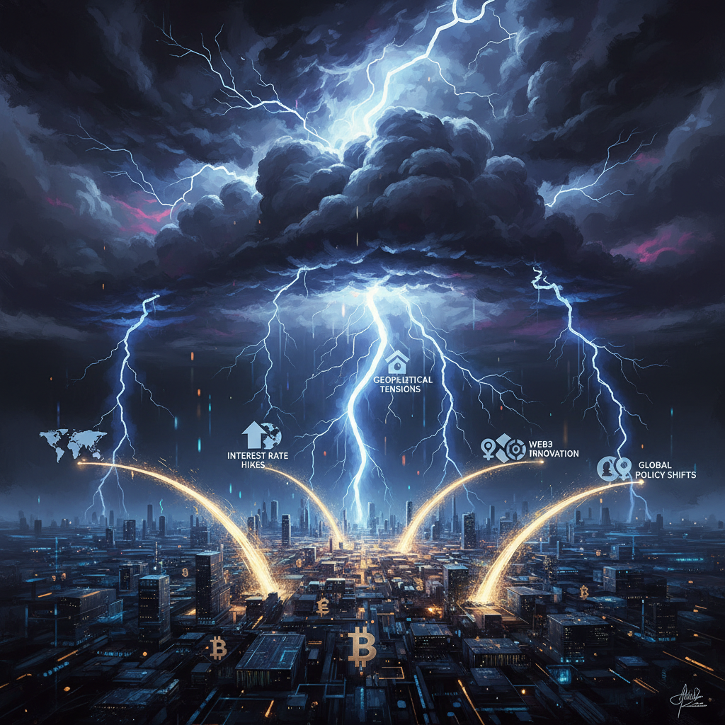 A powerful visual metaphor for the impact of global macroeconomic forces on the cryptocurrency marke