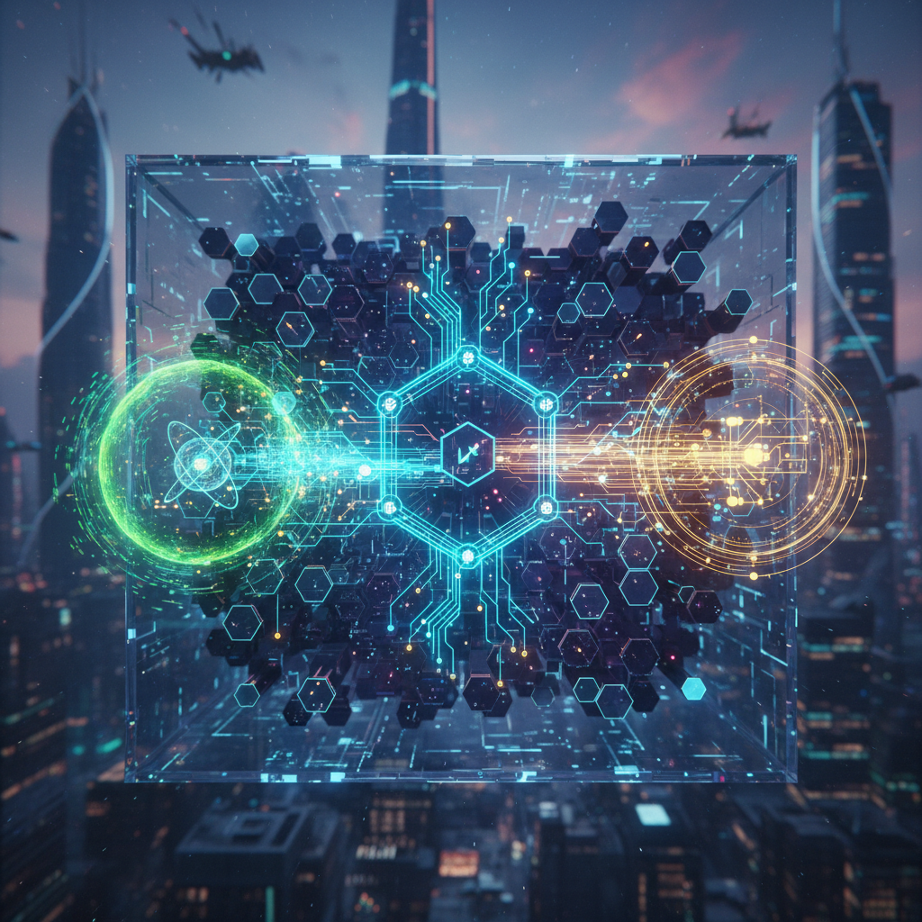 A futuristic, intricate blockchain network, represented by glowing interconnected nodes and data str