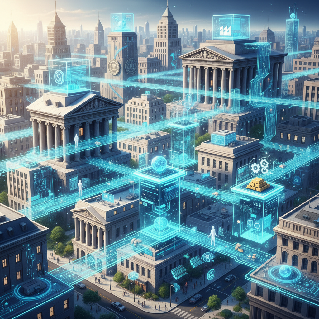 A visually stunning and complex illustration of the seamless integration of blockchain technology in