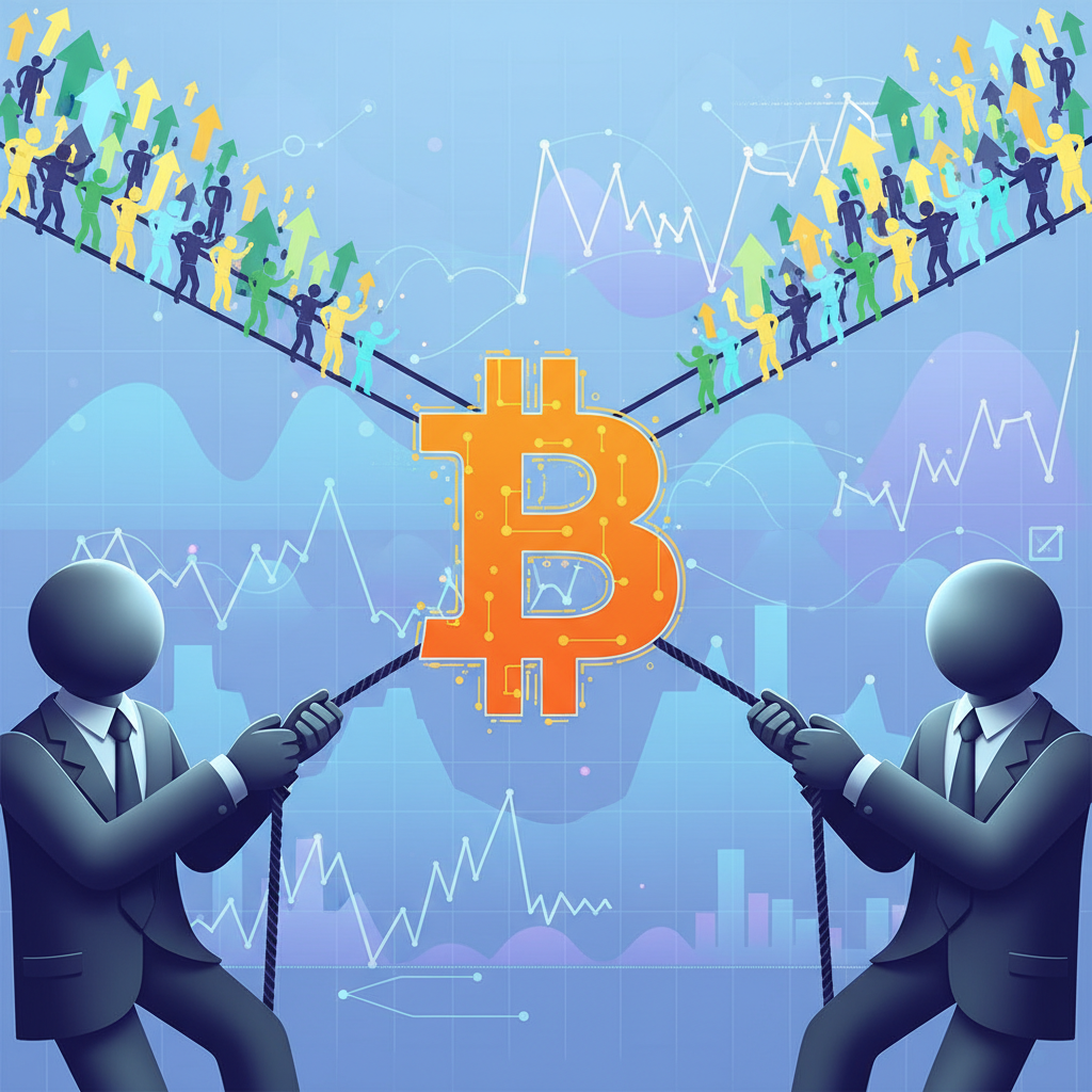 An abstract, infographic-style illustration depicting a tug-of-war over a stylized Bitcoin symbol or