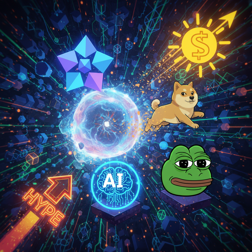 A vibrant and dynamic digital landscape where various distinct altcoin symbols (e.g., Solana's sun, 