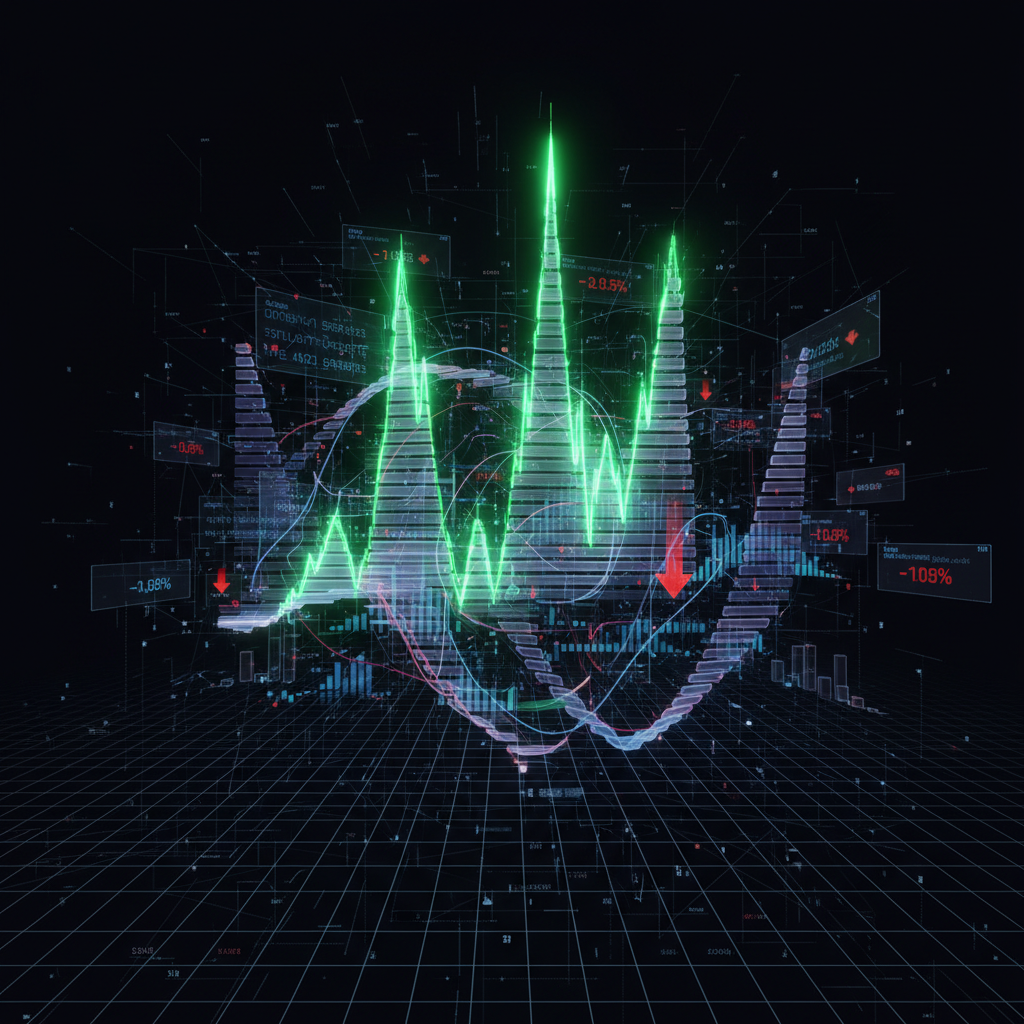 A dynamic, abstract 3D visualization of the cryptocurrency derivatives market. The composition featu