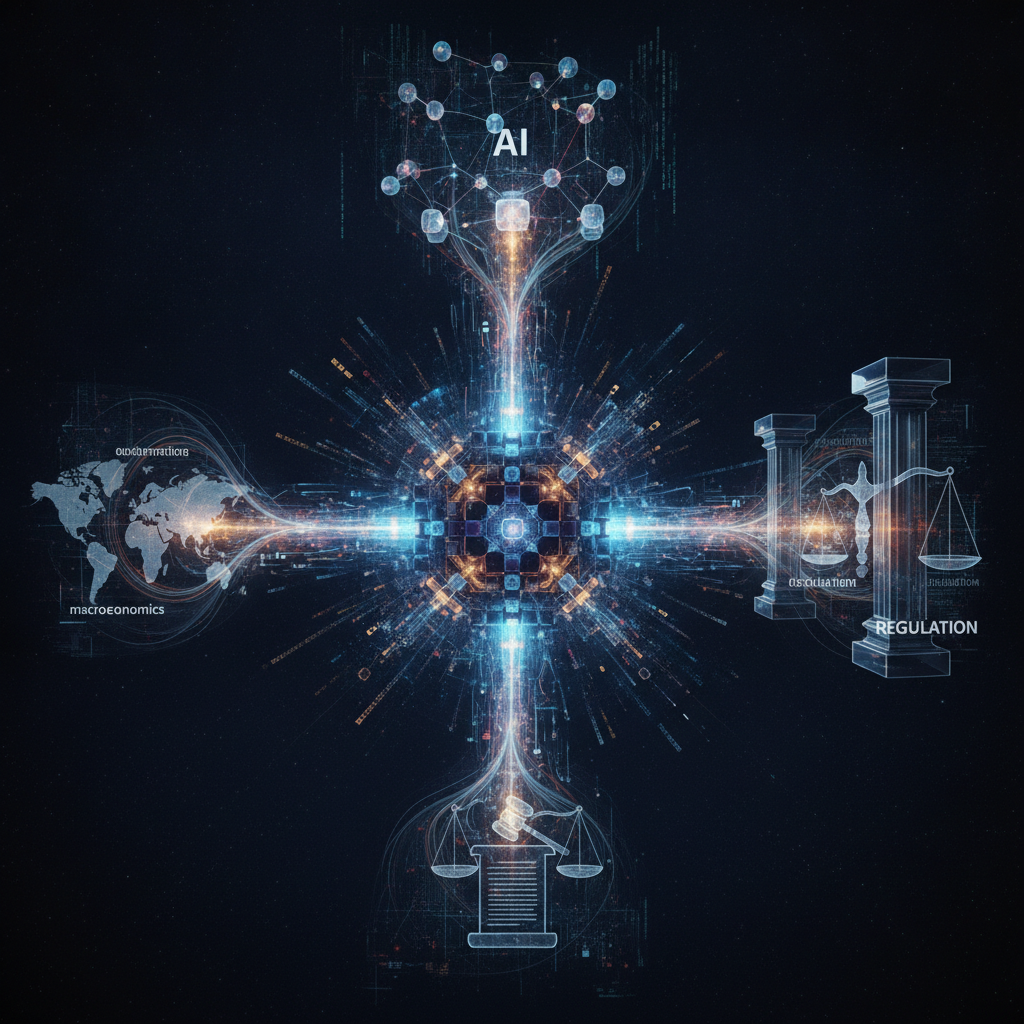 An expansive and interconnected conceptual illustration showing a central, intricate, glowing blockc