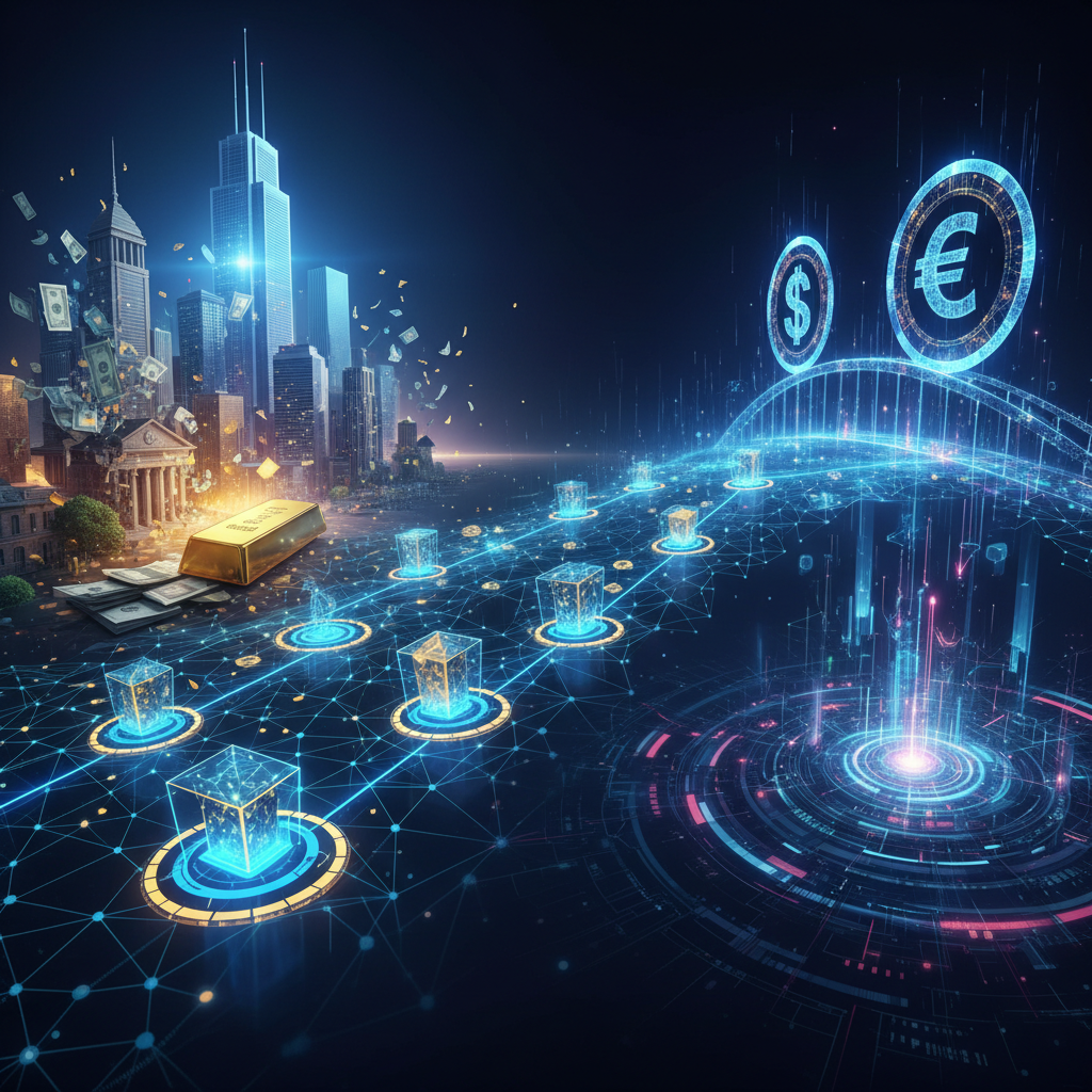 A futuristic, visually striking image depicting the seamless integration of real-world assets (RWA) 