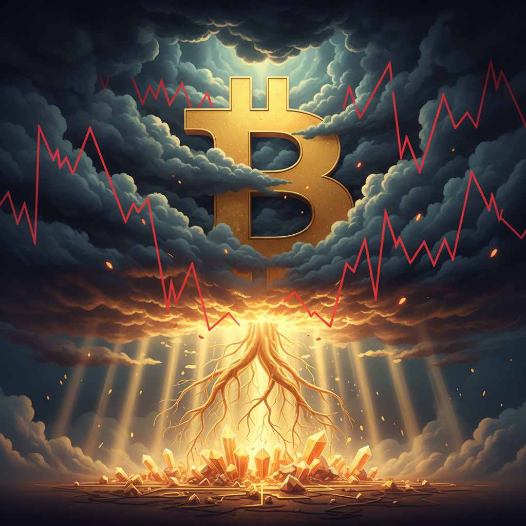 A powerful visual representing Bitcoin's current market state. A large, iconic Bitcoin symbol is dep