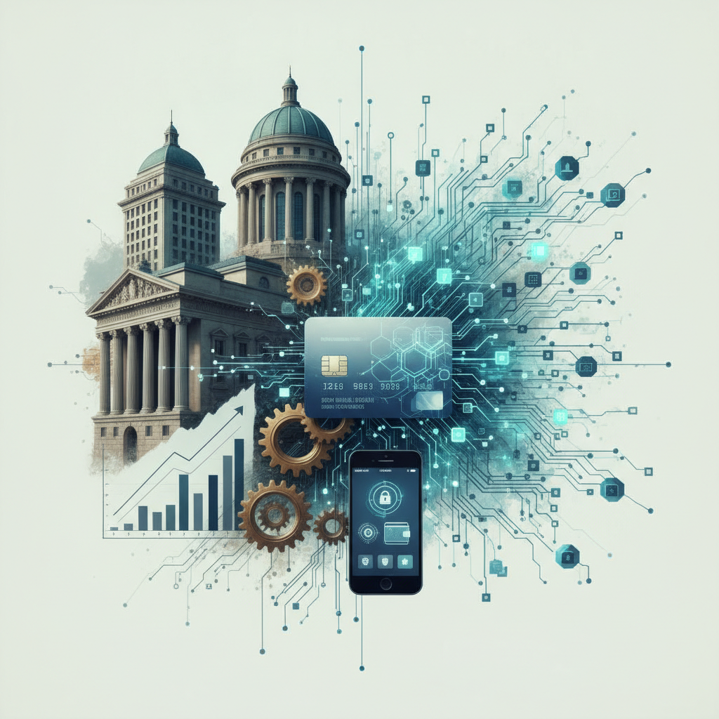 A visually compelling representation of blockchain technology seamlessly integrating into traditiona
