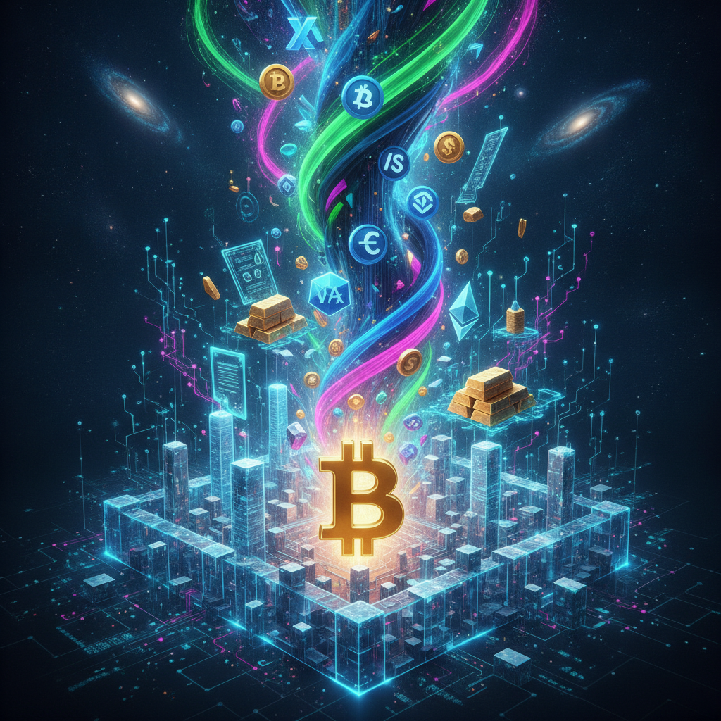 A visually rich and dynamic image representing the cryptocurrency market's current state. At the cen